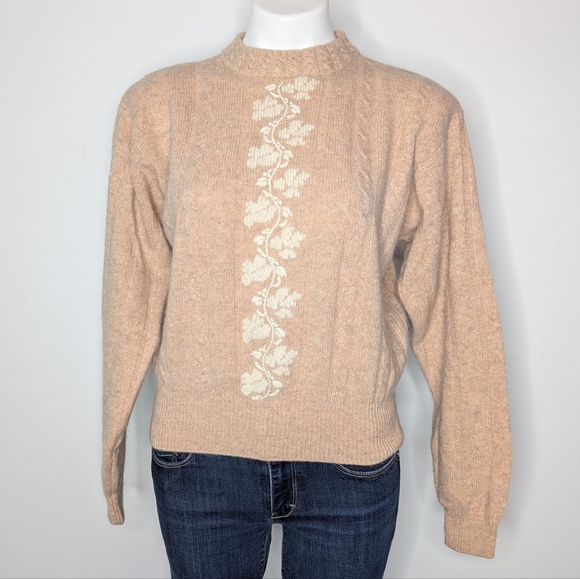 Vintage Sweaters - Vintage Liz Claiborne Peach White Floral Knit Wool Blend Sweater M